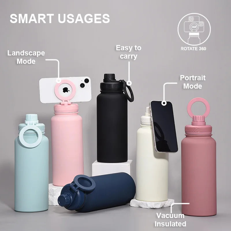 1L Thermos Cup,Cellphone Magnetic Stand,Double Stainless Steel,Portable Handle,Protect Insulation And Cold,Sports Water Bottle